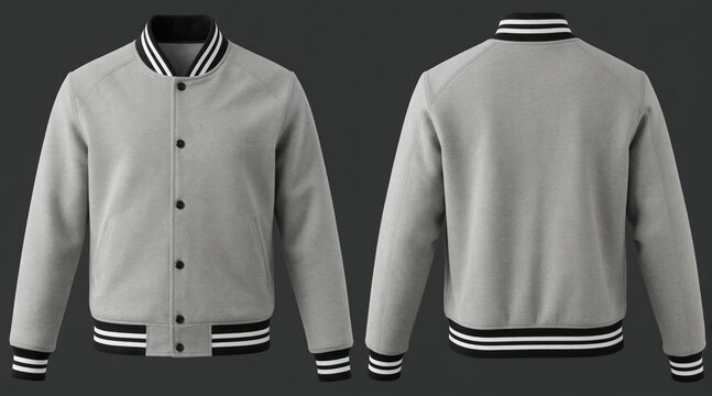 Light grey heather varsity jacket front and back views. Features black and white striped collar cuffs and waistband. Snap button closure, two front pockets, raglan sleeves.