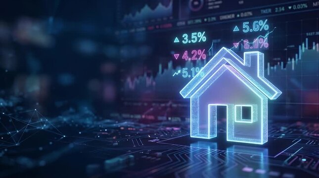 Holographic House Icon with Data Graphs on Dark Digital Background