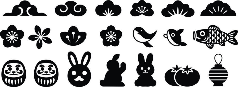 Japanese traditional icons set, sakura flowers daruma rabbits fish symbols, black silhouette vector