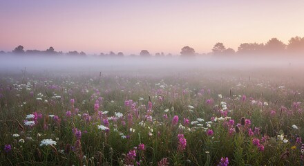 Fototapeta premium Vibrant wildflowers bloom in a serene misty morning field softly illuminated by warm pastel light at dawn. AI Generated