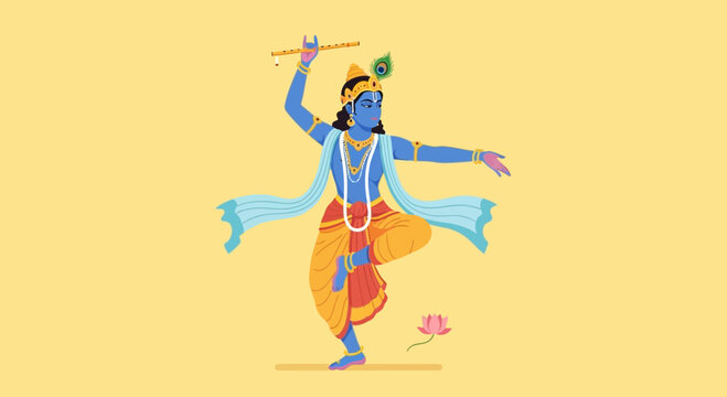 Krishna Playing Flute in Traditional Indian Dance Pose, Flat Illustration
