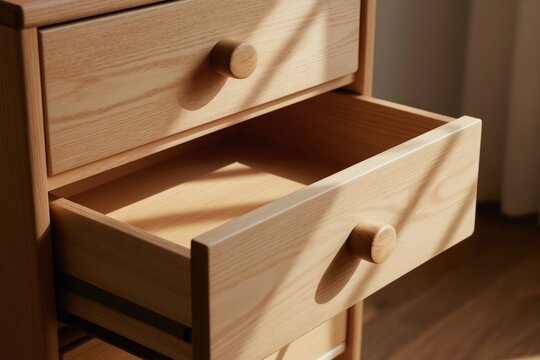 Light wood dresser with two drawers. One drawer is open showing interior space. Natural light casts shadows. Simple furniture piece for home organization.
