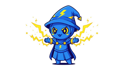Blue cartoon wizard with lightning bolts.