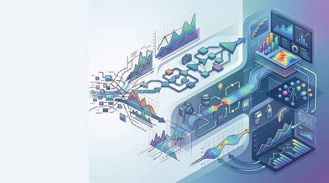 Abstract Data Visualization Flow with Graphs and Charts