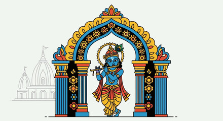 Obraz premium Lord Krishna playing flute under ornate archway with temple background