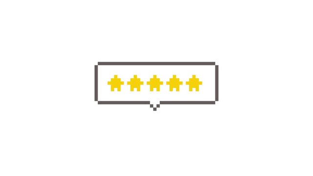 8-bit pixel art speech bubble five star rating. looped animation 4k 30fps