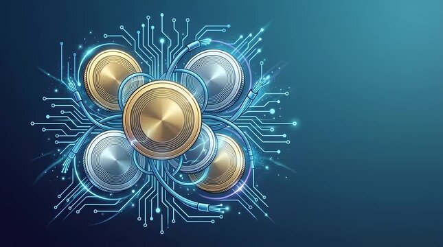 Abstract Digital Currency Symbols on Circuit Board Background