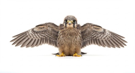 Fototapeta premium Cute baby bird of prey displaying its tiny wings in a powerful pose on a crisp white studio backdrop with bright light. AI Generated