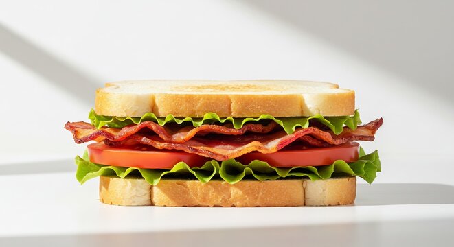 Classic BLT sandwich with crispy bacon fresh lettuce and juicy tomato catching bright directional sunlight creating hard shadows. AI Generated