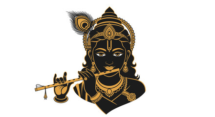Fototapeta premium Lord Krishna Playing Flute, Hindu Deity, Peacock Feather Crown, Golden Ornaments
