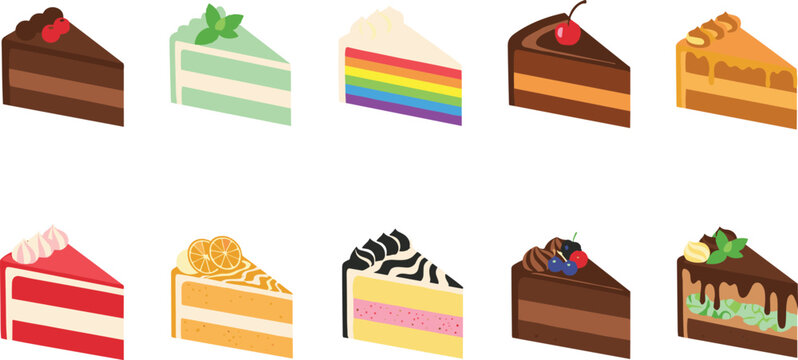 Colorful Cake Slice Collection Featuring Chocolate, Rainbow, Fruit, and Cream Cakes, Ideal for Dessert, Bakery, and Sweet Food Illustrations