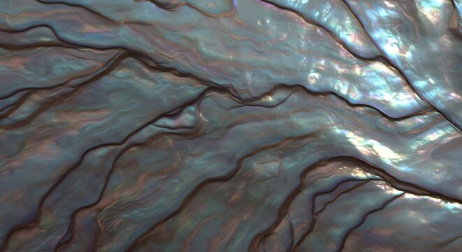 Abstract art of shimmering nacre with dynamic wavy lines creating an iridescent glow under soft light. AI Generated
