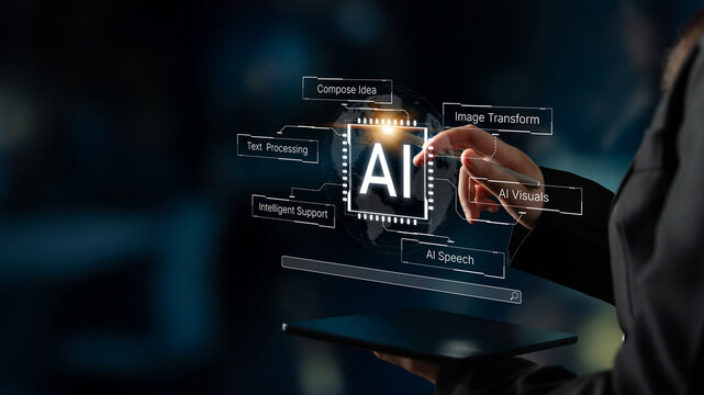 Artificial intelligence capability map showing text processing, speech, visual transformation and intelligent support in one system. Corpus