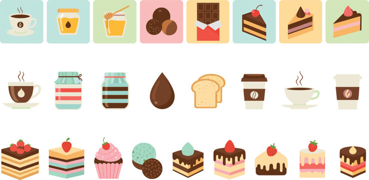 Sweet Treats and Coffee Icons Set Featuring Cupcakes, Cakes, Chocolate, Coffee Cups, and Jars, Ideal for Dessert and Beverage Illustrations