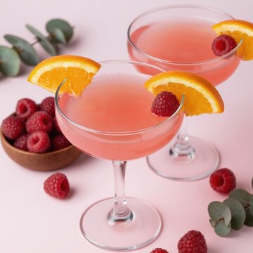 Two pink gin cocktails with raspberries and orange slices, served in coupe glasses with eucalyptus sprigs. Fresh berries and a wooden bowl are nearby.