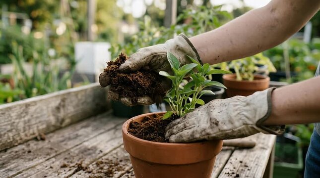 Gardener Planting Seedling in Terracotta Pot on Wooden Table