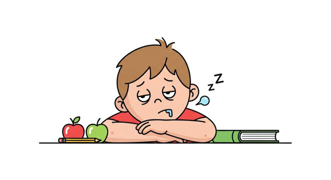 Tired Young Boy Sleeping at Desk with Books and Apples.