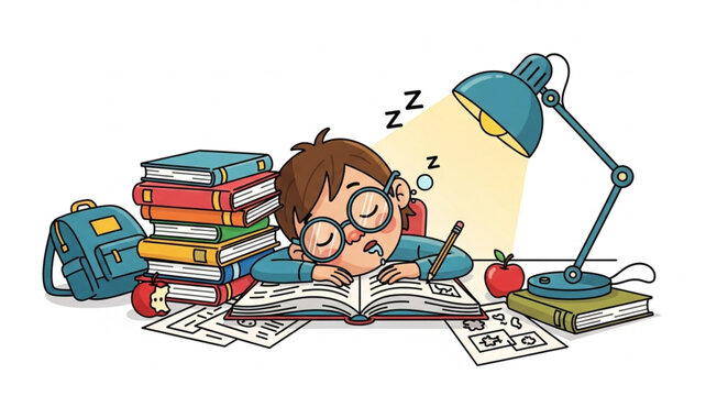 Tired student sleeping on books at desk with lamp.