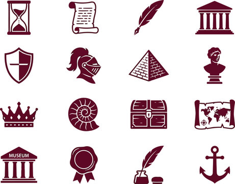 Set of dark red history and museum icons including ancient artifacts and symbols of archaeology and past civilizations in a flat vector style