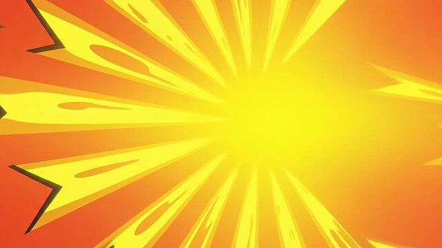 Explosive yellow shapes burst outwards against a vibrant orange and yellow gradient background