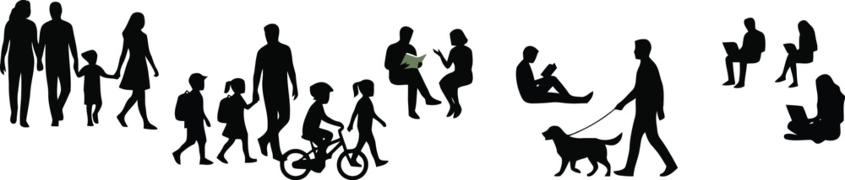 Silhouettes of people walking, cycling and relaxing in a green city park with trees and benches