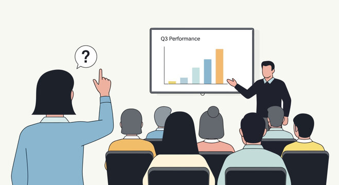 Business meeting presentation, woman asking question, performance chart on screen
