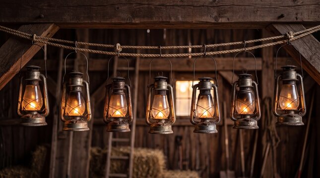 Vintage lanterns illuminating a rustic wooden barn, creating a warm, inviting atmosphere. The lanterns are suspended from a rope, casting a soft glow