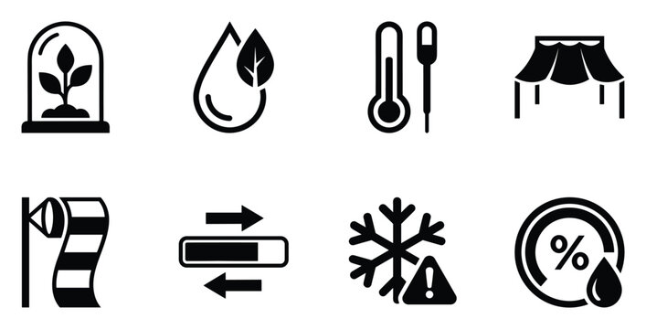 Plant in dome, water drop leaf, thermometer, greenhouse tent, windsock, battery level, snowflake, humidity sensor.