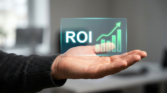 Hand displaying holographic return on investment concept with glowing ROI text and an ascending growth chart, symbolizing financial success and future business strategy