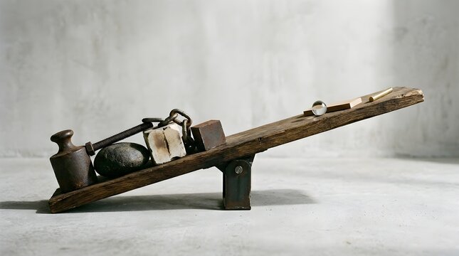 Conceptual Seesaw Imbalance: Heavy Industrial Weights vs Light Objects on a Rustic Wooden Lever.