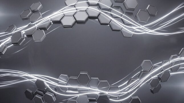 Abstract illustration of a digital structure with hexagons and wavy lines, representing data flow and technology