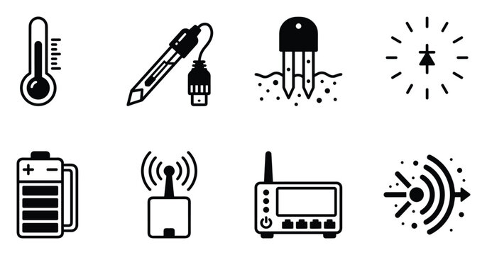 Set of modern technology and sensor icons for smart farming and agriculture analysis, digital tools.