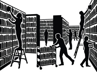 Black and white silhouette illustration of students and librarians working together in a large library with many tall bookshelves and a book cart © SAIF820