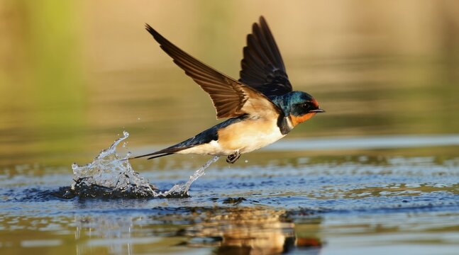 Barn swallow bird drinks water skimming flight over pond ripples. Bird wings flap fast splashing liquid. Nature scene shows wildlife on warm sunny spring day.