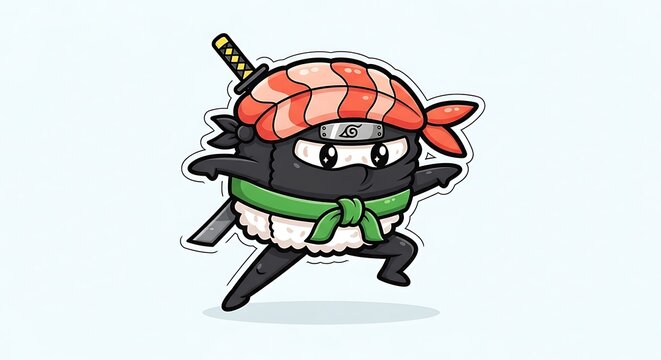 A cartoon-style illustration of a sushi roll ninja with a sword. The sushi ninja is depicted with a head covering, running pose, and seaweed