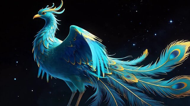 Blue and gold mythical bird in starry sky