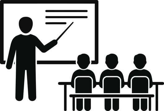 Black icon of a teacher standing at a whiteboard giving a classroom presentation to a group of students sitting at desks in a school setting