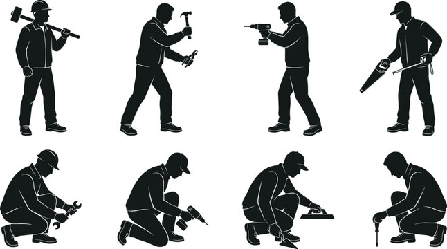 Construction worker silhouettes set showing handyman using tools drilling hammering sawing and repairing isolated on white background