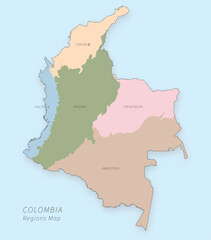 Fototapeta premium Colombia Regions Map Minimal Caribbean Andean Amazon Pacific Vector