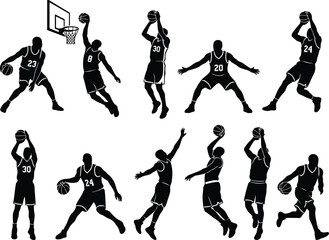 Set of black silhouettes of basketball players in various active poses playing the game with balls and a hoop © SAIF820