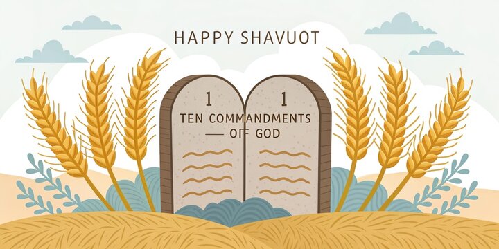 Happy Shavuot greeting with ten commandments tablets and wheat harvest decorative composition