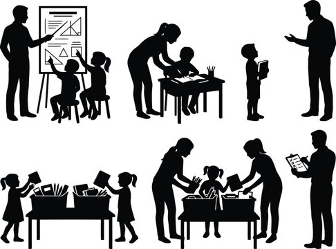 Set of black silhouettes of teachers and students in a classroom studying and learning with books and school supplies