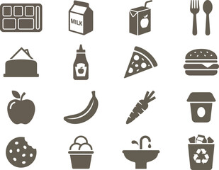 Set of simple school lunch food and canteen icons featuring milk, pizza, burger, fruits, vegetables, dessert, and recycling bin symbols © SAIF820
