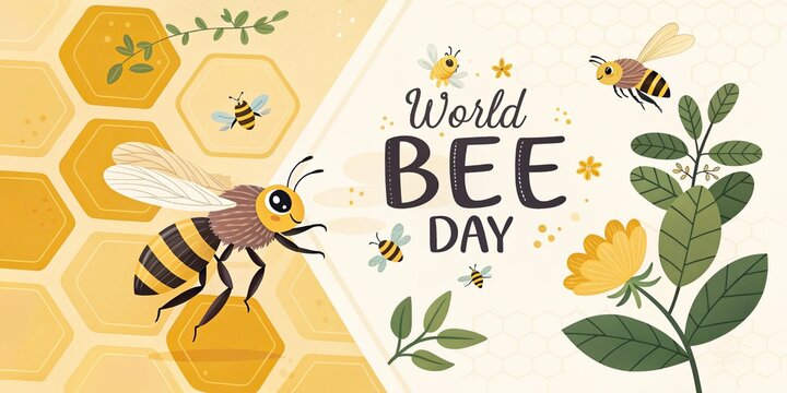 World bee day banner honeycomb bees flowers nature pollination eco concept