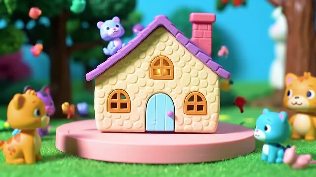 Whimsical pastel toy house with cute animal figurines in a bright garden playset