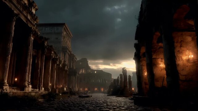 Fantasy wallpaper. A dramatic portrayal of an ancient Roman cityscape at twilight. The main subject is a cobblestone street lined with towering columns.