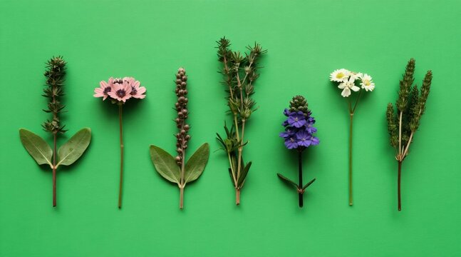 Various aromatic plants and flowers displayed in a row on a green background. Different herbs and blossoms are arranged for a natural aesthetic, suitable for botanical studies or culinary uses.
