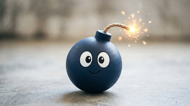 A round, blue bomb with a cheerful face sits on concrete, its fuse sparked and burning. It is a visual metaphor for hidden volatility or the illusion of safety in the face of an impending, inevitable 