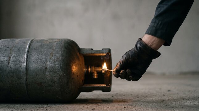 a gloved hand holds a lit match to an open gas cylinder valve. It is a chilling metaphor for recklessness and the deliberate ignition of disaster.