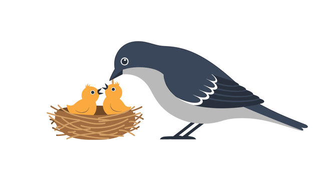 A mother bird tenderly feeding her two hungry chicks in a cozy nest, illustrating nature's nurturing cycle.